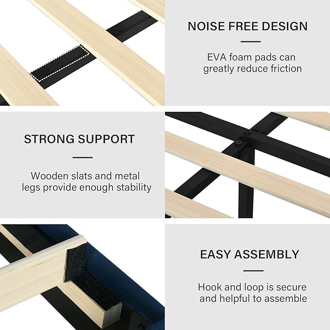 King Size Bed Frame and Headboard, Velvet Upholstered Platform Bed with Vertical Channel Tufted Headboard and Footboard, No Box Spring Required, Easy Assembly, Blue-Ruum Studio Home