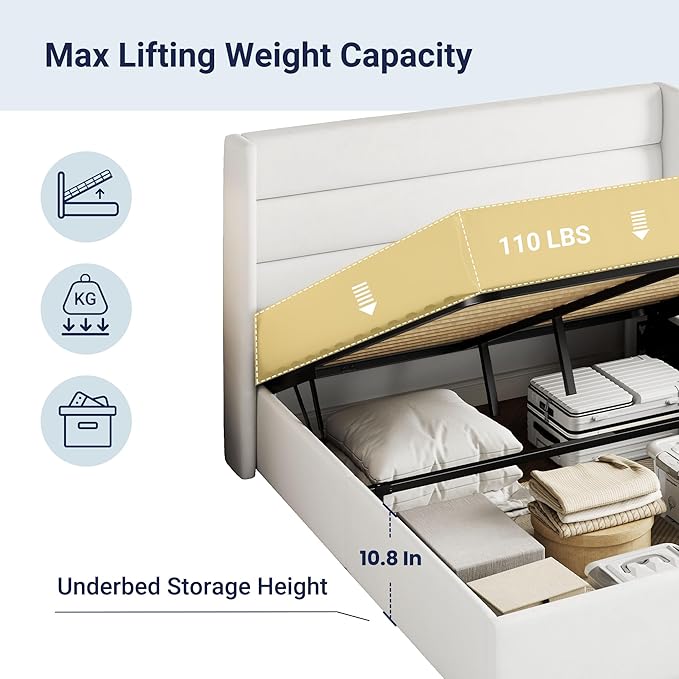Allewie Full Size Velvet Lift Up Storage Bed, Modern Wingback Headboard, Hydraulic Support, No Box Spring Needed, White-Ruum Studio Home