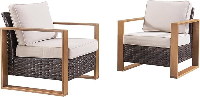 Wicker Outdoor Patio Chairs Set of 2, Rattan Patio Furniture Chairs with Sturdy Frame,All-Weather PE Wicker,Wide Armrest,Deep Seating and Thick Cushions for Deck Porch Garden(Brown/Beige)-Ruum Studio Home