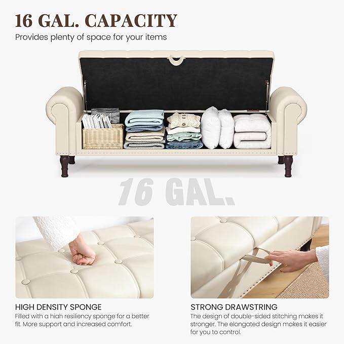 Storage Ottoman Bench for Bedroom, 60" Upholstered Bedroom Bench with Rolled Arms and Vintage Rivets, Large Storage Chest for Living Room, Bedroom, Entryway, Beige-Ruum Studio Home