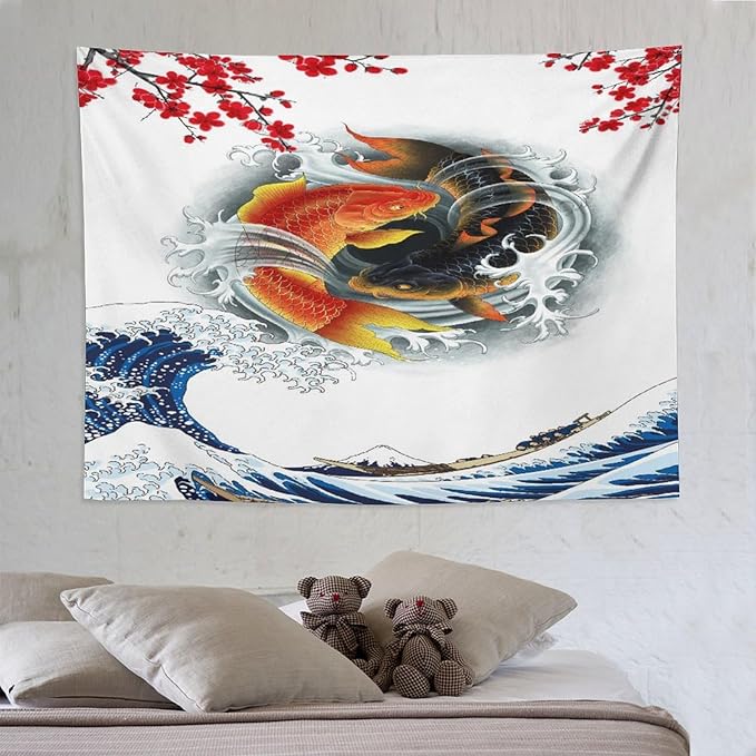 Houselerax Koi Fish Tapestry, Japanese Style Yin Yang Big Wave Cherry Blossoms Tapestries Wall Hanging for Bedroom Living Room Office Decor 80"x60"-Ruum Studio Home