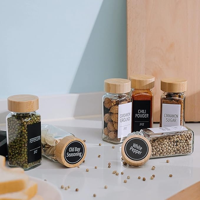 Churboro 24 Spice Jars with Labels & Bamboo Lids - 4 Oz Glass Containers with Shaker Lids, 547 Spice Labels of 3 Different Types Seasoning Jars for Spice Rack, Cabinet, or Drawer-Ruum Studio Home