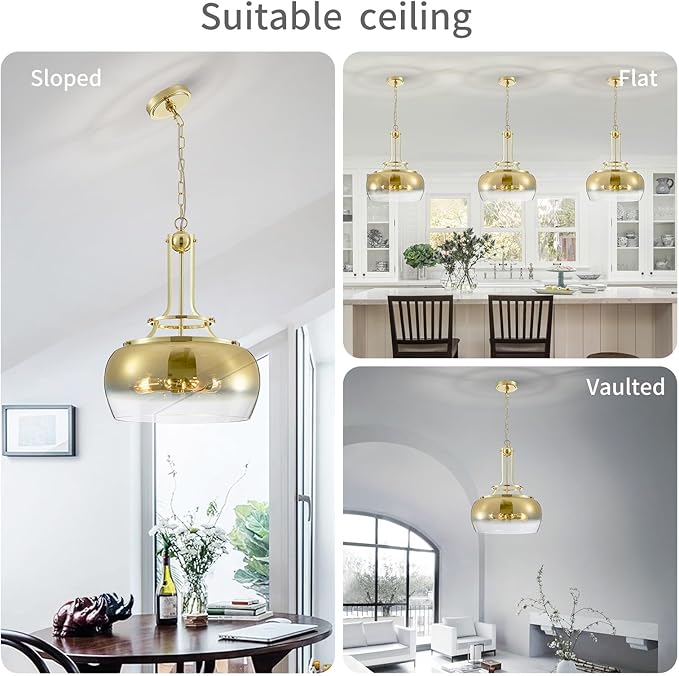 WUZUPS Gold Chandelier Rustic Farmhouse Industrial Round Ceiling Pendant LED Light Fixture with Gradient Glass Shade for Dining Room Kitchen Island Foyer Entryway, H 20.9" W 15.9", E26 Base-Ruum Studio Home