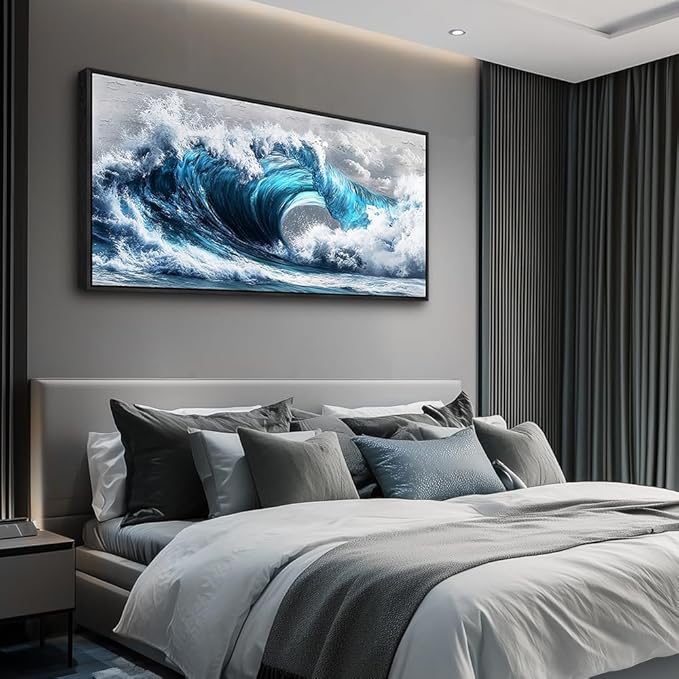 PHAOHUAXM Large Canvas Wall Art For Living Room Wall Decor For Bedroom Ocean Inspiration Wall Pictures Office Mural Decorations Posters Blue Wave Paintings Modern Home Decor Black Framed 24x48 In-Ruum Studio Home
