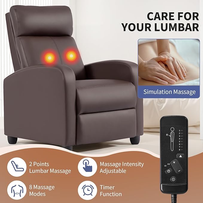 BestMassage | Recliner Chair | with 2 Point Massage Function | Leather Dark Brown | with Lumbar Support, Adjustable Push Back, Footrest & Padded Seat | Easy Assembly | for Living Room, Home Theatre-Ruum Studio Home