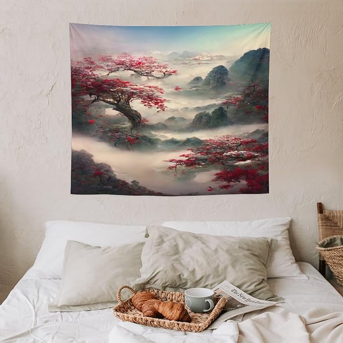 Japanese Tapestry, Red Plum Cherry Blossom Mountain Tapestry, Asian Japanese Wall Tapestry, Nature Landscape Tapestries for Bedroom Living Room Decor 60"x50"-Ruum Studio Home