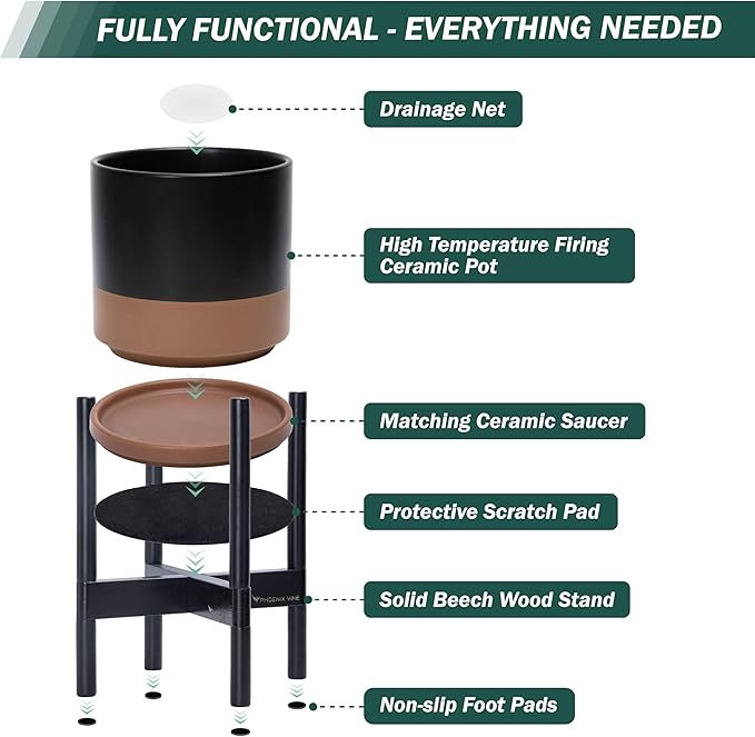 D'vine Dev Ceramic Planter with Ebony Stand - 8 Inch Modern Round Flower Pot with Wood Planter Holder, Black/Speckled Tan, 55-B-M-7-Ruum Studio Home