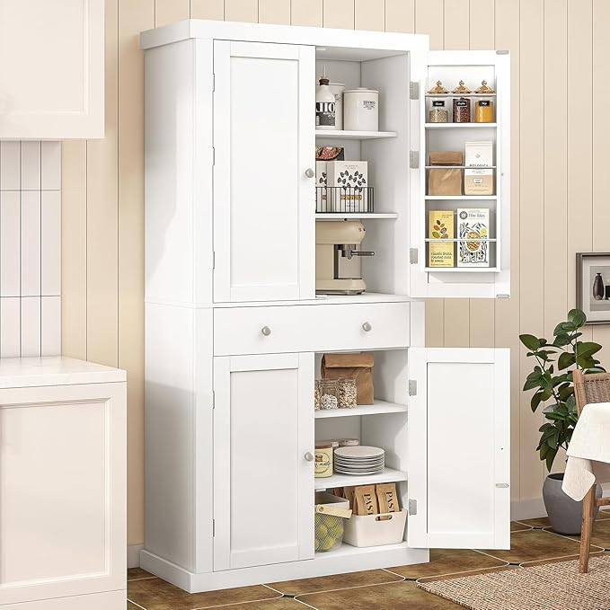 usikey 72” Pantry Cabinet, Tall Kitchen Storage Cabinet with 4 Doors and 1 Drawer, Cupboard with 6 Hanging Shelves and Adjustable Shelves for Kitchen, Dining Room, Living Room, White-Ruum Studio Home