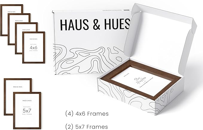 HAUS AND HUES Walnut Oak Wood Gallery Wall Tabletop Frames Made with Real American Oak and Shatter-free Plexiglass - Set of 6 (Four 4x6, Two 5x7, Framed Walnut)-Ruum Studio Home