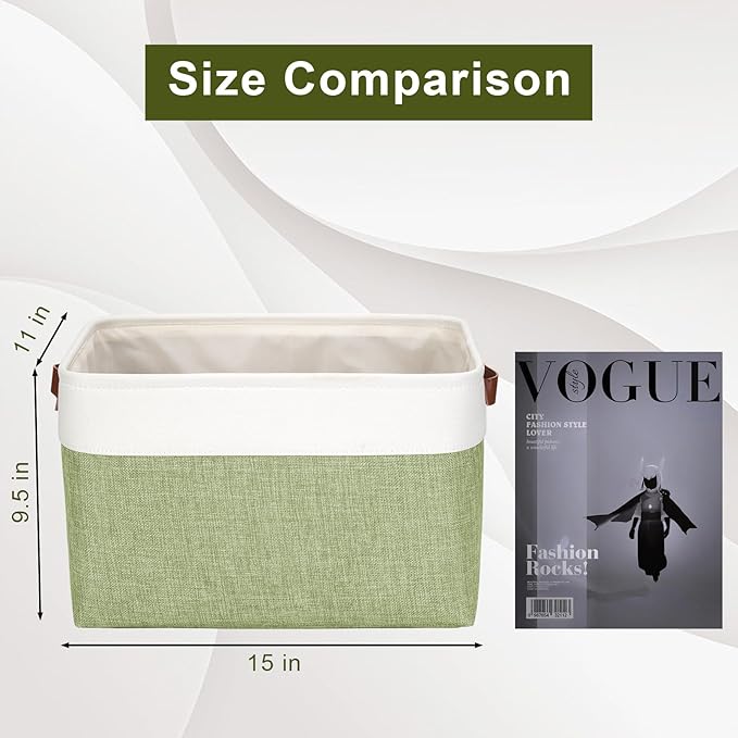 Storage Bins Large Fabric Storage Baskets for Shelves 3 Pack, Decorative Linen Closet Baskets with Handles for Organizing, Shelf, Clothes, Home, Office, 15x11x9.5Inches (Green&White)-Ruum Studio Home
