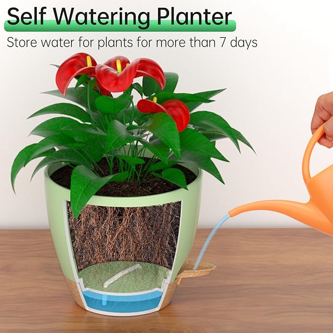 ZMTECH 10 Inch Hanging Planters for Indoor Outdoor Plants, 2 Pack Self Watering Hanging Plant Pots with Drainage Holes and Removable Saucer, Plastic Flower Hanging Pots with Watering Lip (Green)-Ruum Studio Home