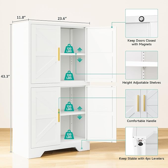 SISESOL White Storage Cabinet with 4 Doors and 2 Adjustable Shelves,Farmhouse Food Pantry Cabinets,Small Bathroom Cabinet,4 Tier Metal Storage Cabinets for Home Kitchen,Dining/Living/Laundry/Room-Ruum Studio Home