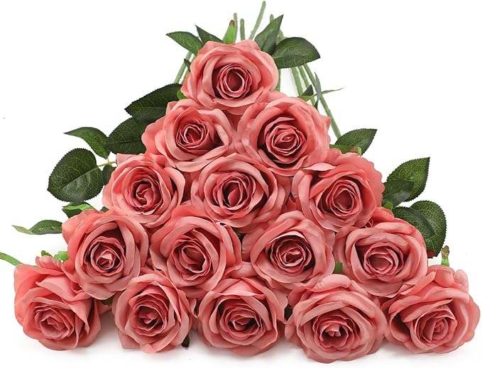 Pink Fake Roses Artificial Flowers - 10 Pcs Fake Artificial Roses Silk Flowers with Stems for Home Wedding Hotel Office Centerpiece Decor（Dusty Pink）-Ruum Studio Home
