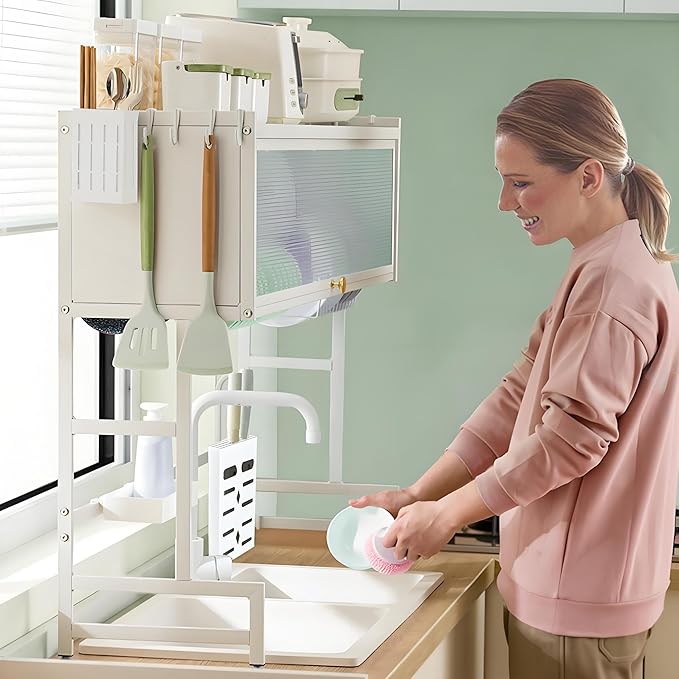 Dish Drying Rack, 3-Tier Over Sink Dish Drying Rack, 33.5" Sink Dish Rack for Small Kitchen, Space-Saving Sink Dish Rack with Cover, Baskets, Utensil, Large Kitchen Storage Organizer White-Ruum Studio Home
