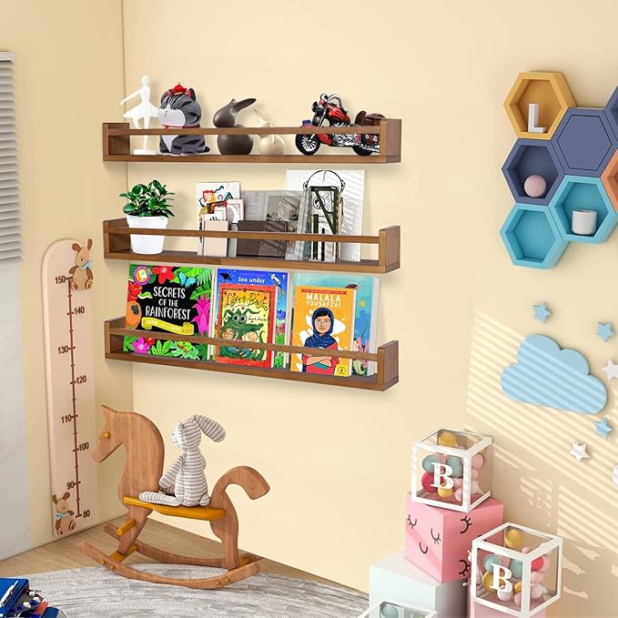 AZSKY Light Walnut Nursery Book Shelves 36 in Floating Wall Mounted Bookshelf Kids Room Hanging Shelves Toddlers Toys Books Storage Organizer a Set of 3-Ruum Studio Home