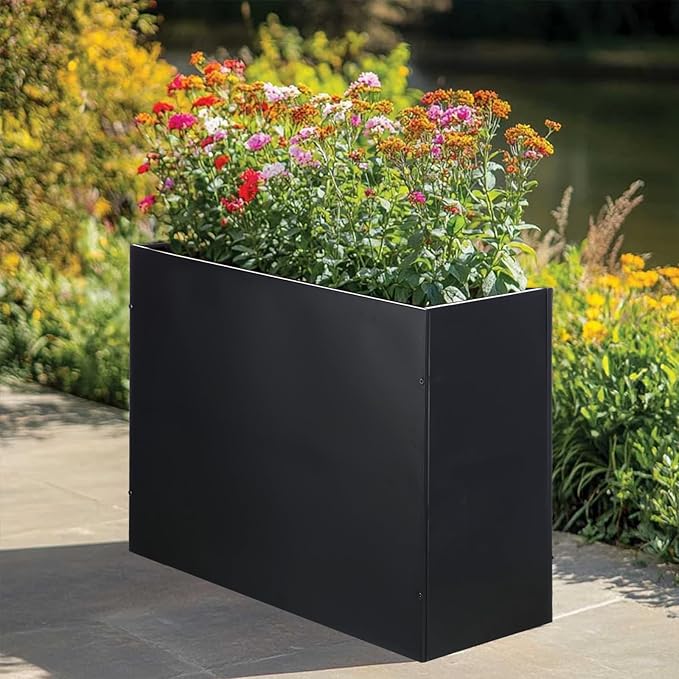 Metal Rectangular Planter Box Tall Planters for Outdoor Plants Modern Heavy Duty with Drainage Holes for Outside Indoor Patio Deck - Black, 32”x 12”x 24”-Ruum Studio Home