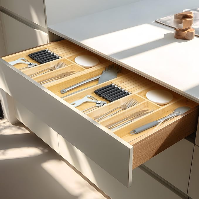 VaeFae Bamboo Kitchen Drawer Organizer, Wooden Utensil Tray with Multiple Compartments, Cutlery and Silverware Storage-Ruum Studio Home