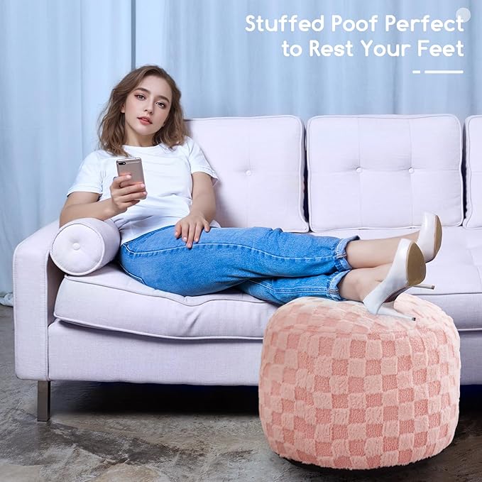 HIGOGOGO Round Stuffed Pouf Ottoman, Plaid Poufs with Foam Chunk Filling, Fluffy and Furry Pouf Foot Stool Storage Ottoman, 20 X 15 Floor Poufs Foot Rest for Living Room, Pink-Ruum Studio Home