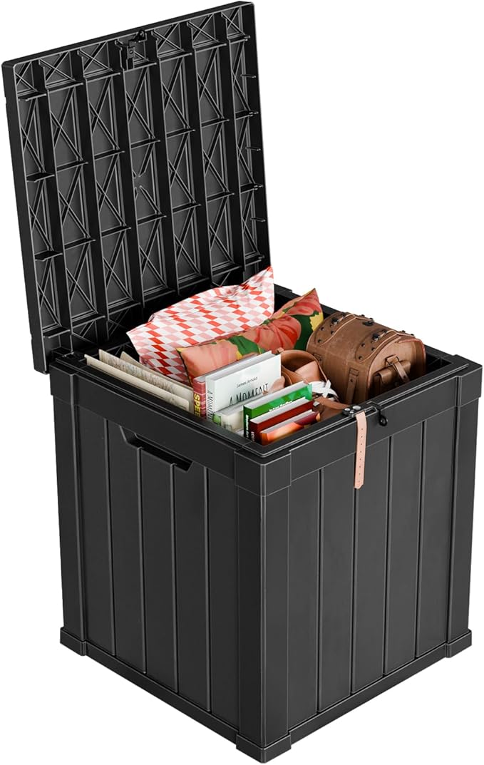 51 Gallon Resin Deck Box, Lockable Patio Outdoor Storage Box for Furniture, Garden Tools and Tools Storage, Waterproof Outside Storage Boxes - Black-Ruum Studio Home