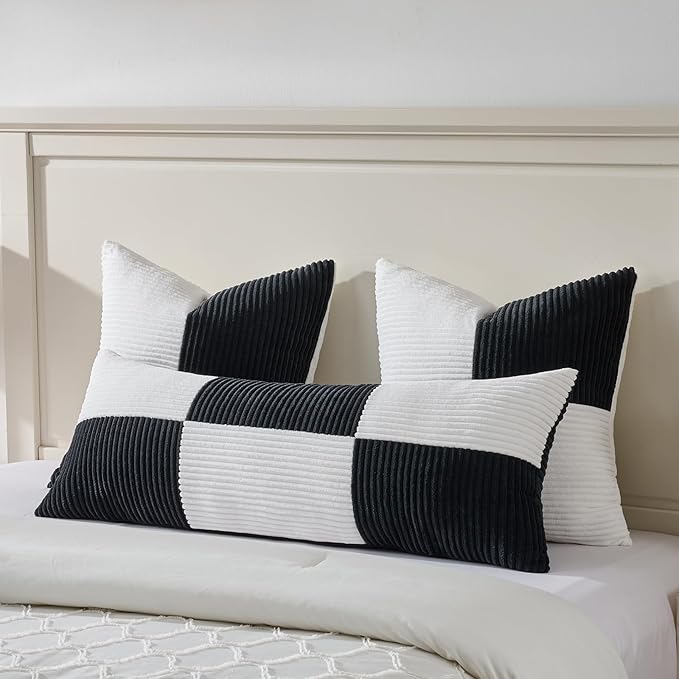 Fancy Homi Set of 2 Black White Euro Decorative Throw Pillow Covers 28x28 Inch for Bedroom Couch Bed, Farmhouse Boho Home Decor, Soft Cross Corduroy Patchwork Textured Square Cushion Case 71x71 cm-Ruum Studio Home