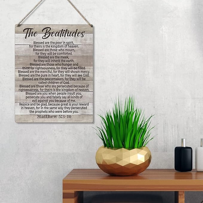 Inspirational Bible Gift Signs the Beatitudes Blessed are the Poor in Spirit for Theirs is the Kingdom of Heaven Wooden Hanging Sign Religious Scripture Art Wall Home Decoration 10 x 8 Inches-Ruum Studio Home
