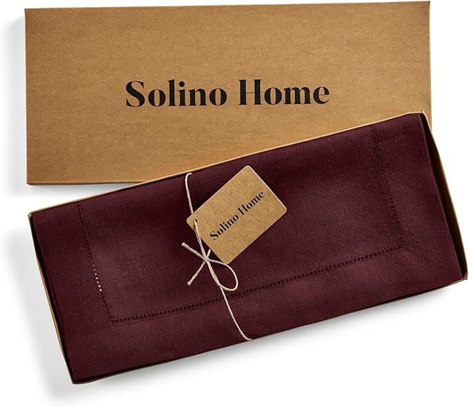 Solino Home Linen Table Runner 48 Inches - 100% Pure Linen Burgundy Hemstitch Table Runner 14 x 48 Inch Ideal for Dresser and Coffee Tables - Fall, Autumn, Thanksgiving - Classic Hemstitch-Ruum Studio Home