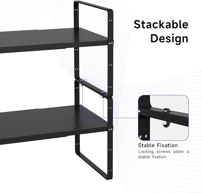 Expandable Cabinet Shelf Organizer, Stackable Kitchen Pantry Counter Storage, Adjustable Cupboard Stand Rack Risers Spice Organization Heavy Duty Black Small 3 Pack-Ruum Studio Home
