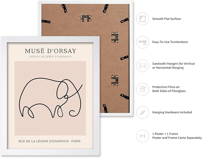 Poster Master Vintage Poster - Retro One Line Elephant Drawing Print - Elephant Art - Minimal Gift for Men, Women, Animal Lover - Abstract Wall Decor for Home, Office, 11x14 White Framed-Ruum Studio Home