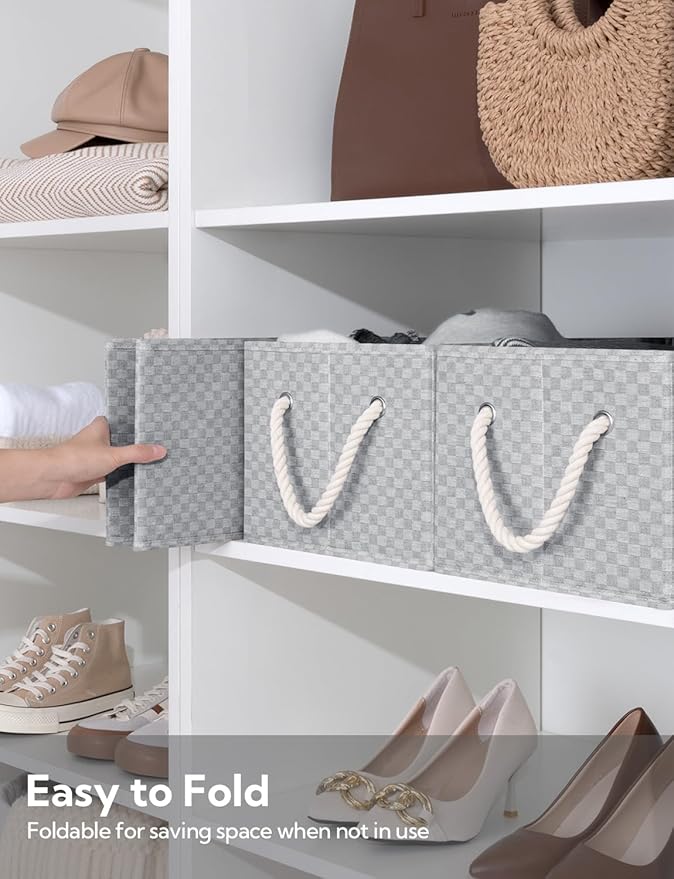 StorageWorks Storage Baskets for Shelves, Foldable Fabric Closet Storage Bins with Handles, Fabric Storage Bins Clothes Organizer, Gray Check, 3-Pack, Large-Ruum Studio Home