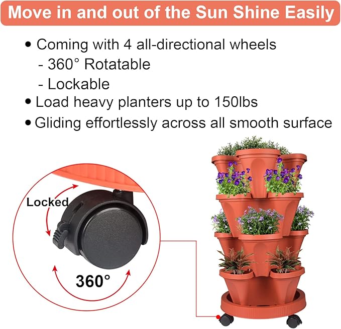Vertical Planter 4 Tier Stackable Planters Garden Planters Strawberry Herb Flower and Vegetable Planter Indoor Outdoor Gardening Pots with Removable Wheels and Tools-Ruum Studio Home