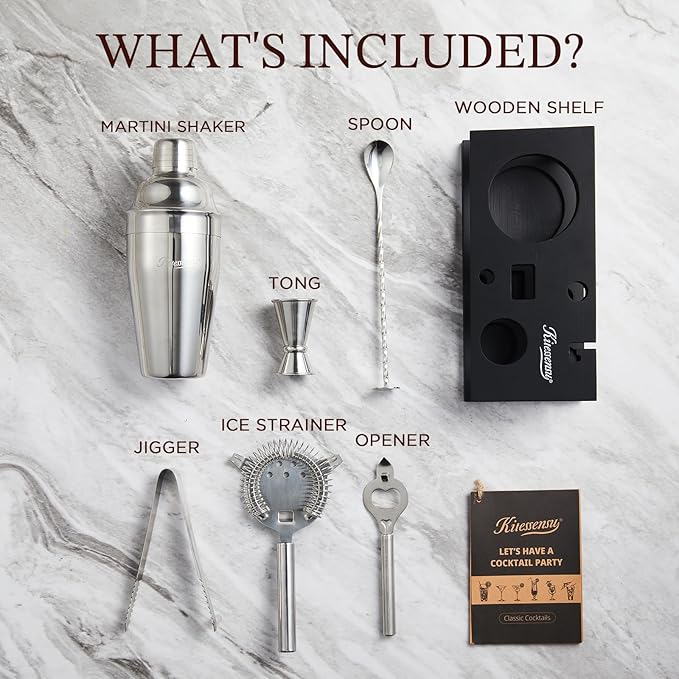 KITESSENSU Cocktail Shaker Set Bartender Kit, 6-Piece Silver Bar Set with Stand, Bar kit with Essential Bar Accessory Tools: Martini Shaker, Jigger, Strainer, Bar Spoon, Tongs, Opener-Ruum Studio Home