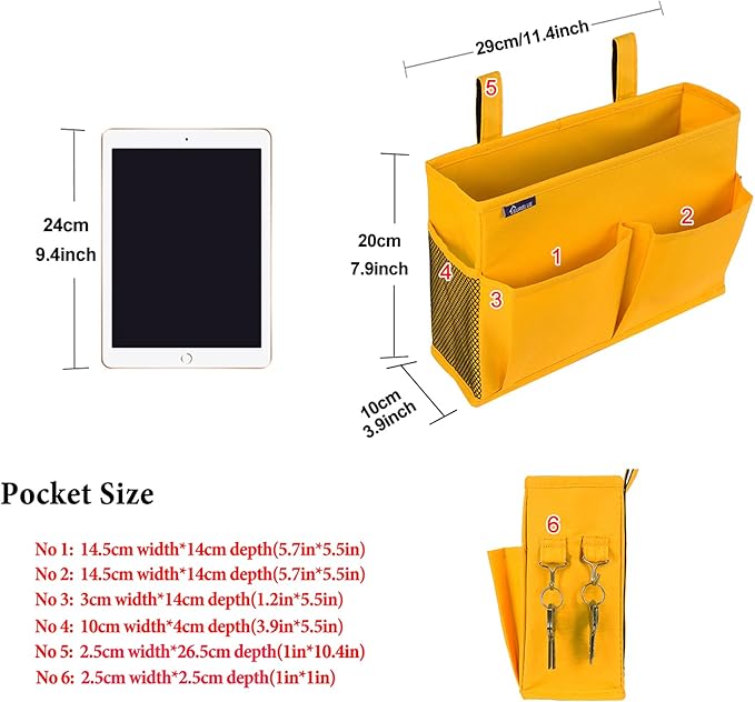 Surblue Bedside Caddy Hanging Bed Organizer Storage Bag Pocket for Bunk and Hospital Beds, College Dorm Rooms Baby Bed Rails, Camp 4 Pockets and 2 Hooks (Small, Yellow)-Ruum Studio Home