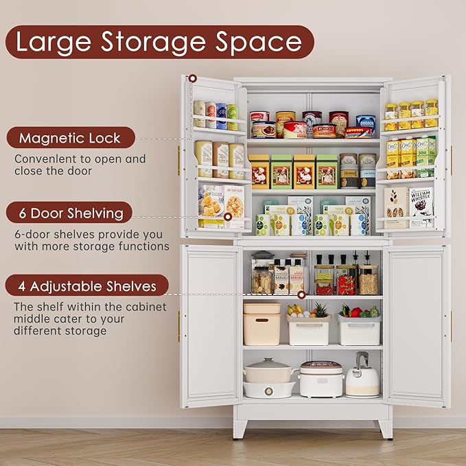 75" H Metal Storage Cabinet, Pantry with 6 Door Shelves and 4 Adjustable Shelves, Leveling Foot for Kitchen, Living Room and Dinning Room, White-Ruum Studio Home