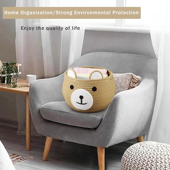 PandaEar Cotton Rope Baby Basket, Baby Gift Basket Nursery Laundry Organizer with Cute Bear Design for Storage Infant Newborn Essentials, Diaper Caddy with Handle (Brown)-Ruum Studio Home