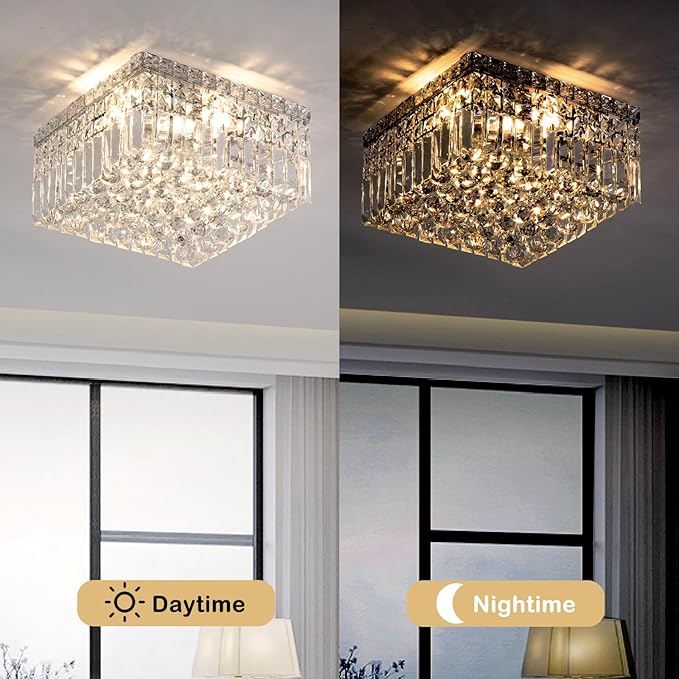 4-Lights Modern Flush Mount Ceiling Light Fixtures,Elegant Crystal Chandelier Pendant Ceiling Lamp for Bedroom,Living Room,Dining Room,Hallway H5.9 x W13.7 x L13.7 (Bulbs Not Included) Square-Ruum Studio Home