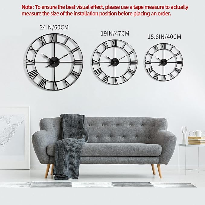 LEIKE 16" Large Wall Clocks Battery Operated, Round Modern Silent Non-Ticking Black Metal Wall Clock for Living Room Decor, Bedroom Kitchen (40cm Diameter, Black Roman Number)-Ruum Studio Home