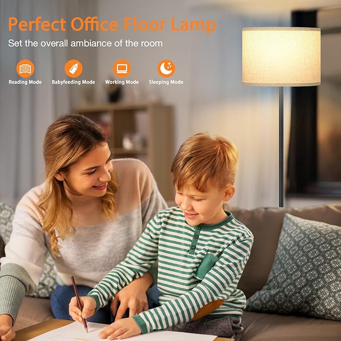 Ambimall 60'' Modern Floor Lamp with Remote, Tall Lamps for Living Room, Bedroom, Office, Dining Room, Beige Shade with Black Pole(Included Bulb)-Ruum Studio Home