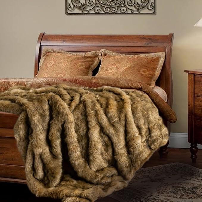 BATTILO HOME Golden Faux Fur Throw Blanket for Couch Sofa, Long Pile Fur Blankets and Throws, Elegant, Fluffy Thick Warm Heavyweight Fur Blanket Reversible to Plush Velvet, 50"x60"-Ruum Studio Home