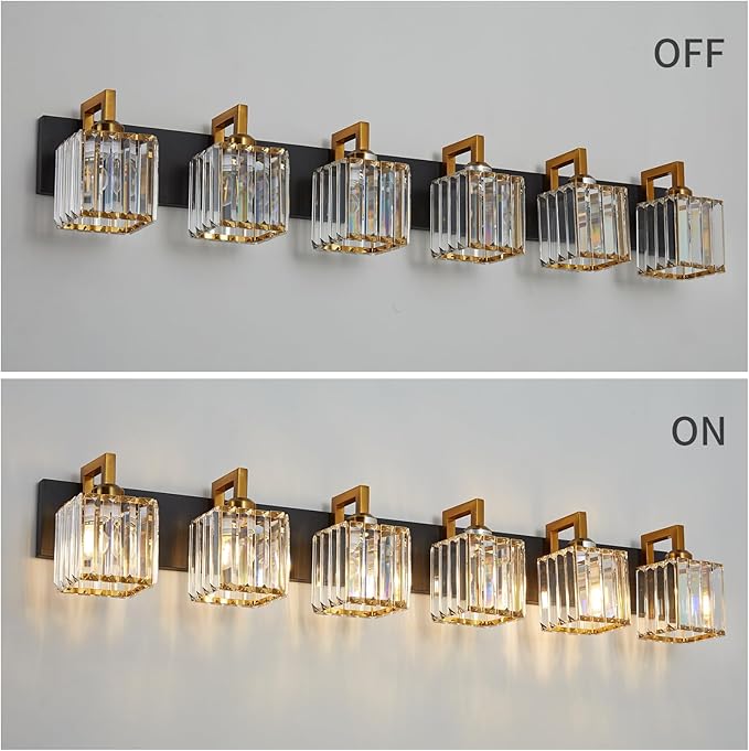 Modern Bathroom Vanity Light 6-Lights Black Gold Crystal Wall Lamp Bathroom Modern Crystal Vanity Lighting-Ruum Studio Home