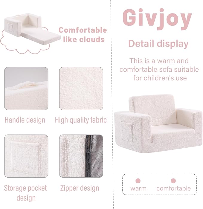 Toddler Chair Sherpa Kids Couch, 2-in-1 Soft Kids Sofa Lounger for Bedroom, Convertible Couch for Girls and Boys, Reading Chair, Beige-Ruum Studio Home