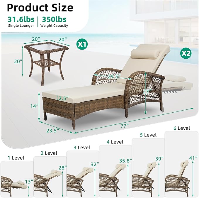 VIVIJASON 3 Pieces Outdoor Wicker Chaise Lounge Chair Set, All-Weather PE Rattan Cushioned Patio Lounger Set of 2 with Side Table, Adjustable Pool Sunbathing Recliner with Armrest & Pillow, Beige-Ruum Studio Home
