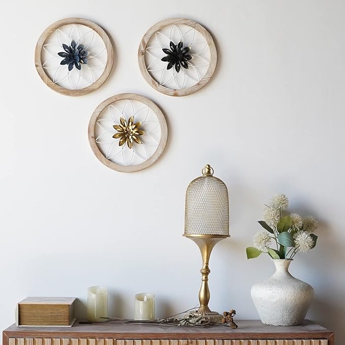 Paquesta 3 Piece Round Farmhouse Wall Decor with 6 Piece Interchangeable Flowers 12'' Medallion Wood & Metal Rustic Wall Art for Living Room Bedroom Kitchen Bathroom Dining Room Home Decorations-Ruum Studio Home