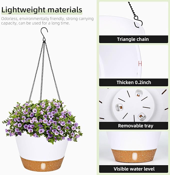 QCQHDU 2 Pack Hanging Planters for Indoor Outdoor Plants, 8 Inch Hanging Baskets Flower Pots with Reservoir Tray & Visible Water-Level-Ruum Studio Home