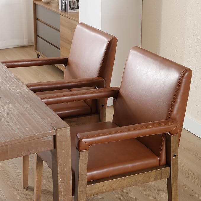 Mid Century Modern Dining Chairs Set of 4 Faux Leather Upholstered Living Room Side Chair, Kitchen Arm Chair with Solid Wood Legs for Home Kitchen & Restaurant, PU Brown-Ruum Studio Home