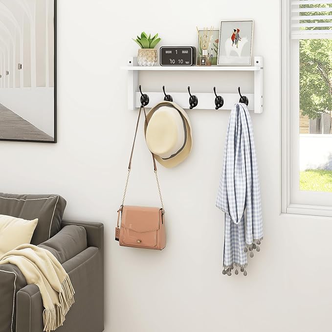 Homode Wall Shelf with Hooks, Coat Rack Wall Mount with Pegs, Hanging Entryway Coat Hanger, Wood and Iron Shelf for Bathroom, Hallway, Bedroom, White-Ruum Studio Home