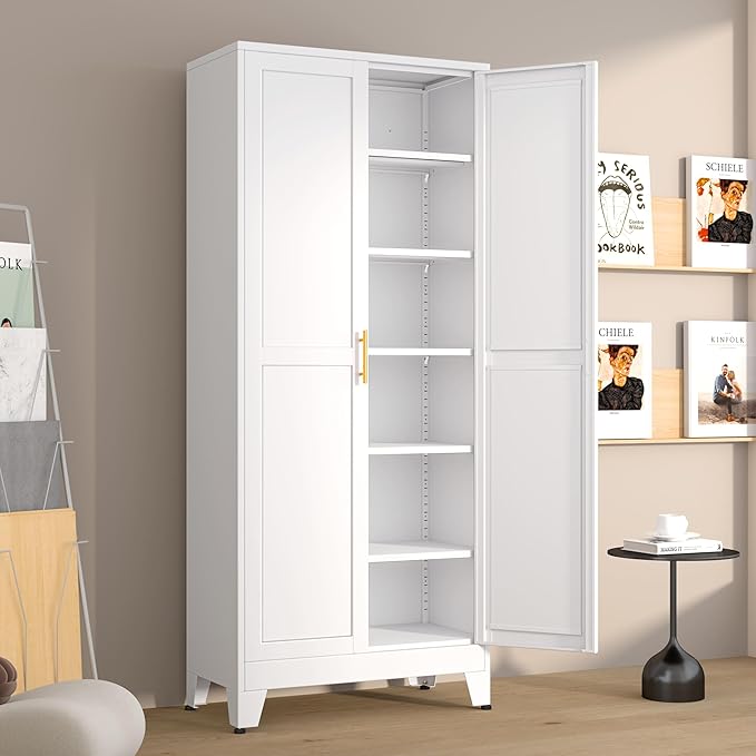 Metal Pantry Cabinet with 2 Doors and 5 Adjustable Shelves, 75" Kitchen Storage cabinets with Gold Handles, Versatile Storage for Laundry Room, Living Room, Bathroom, Dinning Room, Utility Room-White-Ruum Studio Home