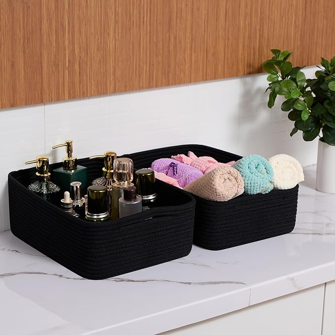Large Shallow Organizing Baskets 15x11x5.1 Inches - Rope Woven Storage Bins for Bathroom, Shelves, Cube Closet, Black 2 Packs-Ruum Studio Home