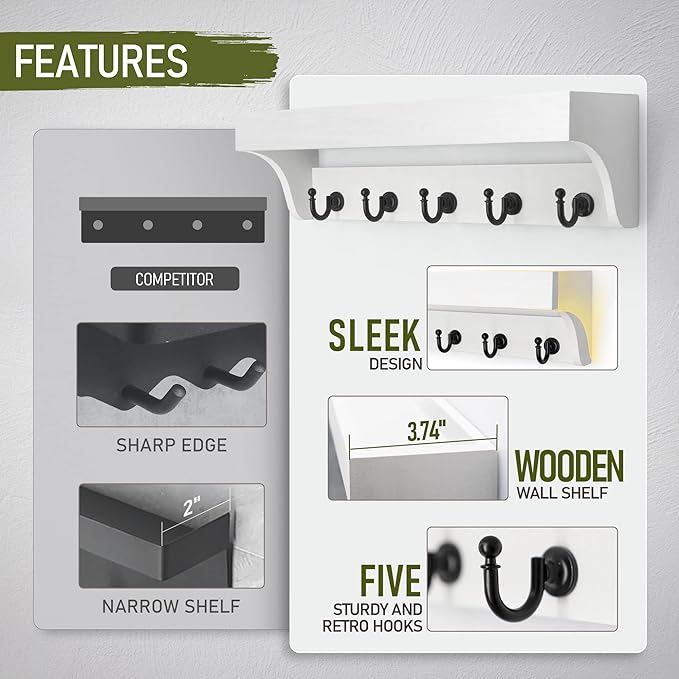 Rebee Vision Key and Mail Holder for Wall with Floating Shelf : Decorative Hanging Organizer with 5 Sturdy Keys Hooks and Wall Mount Key Rack - Farmhouse Entryway Décor (Modern White)-Ruum Studio Home