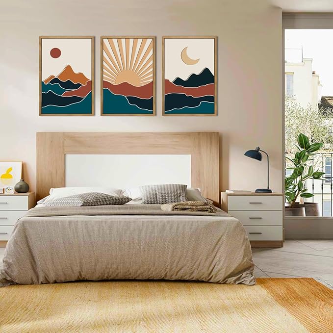 Large Boho Mountain Wall Art Set Modern Abstract Bohemian Wood Wall Decor Colorful Mid Century Neutral Artwork Sun and Moon Art Decor for Living Room Bedroom Office-16x24Inch x3-Ruum Studio Home