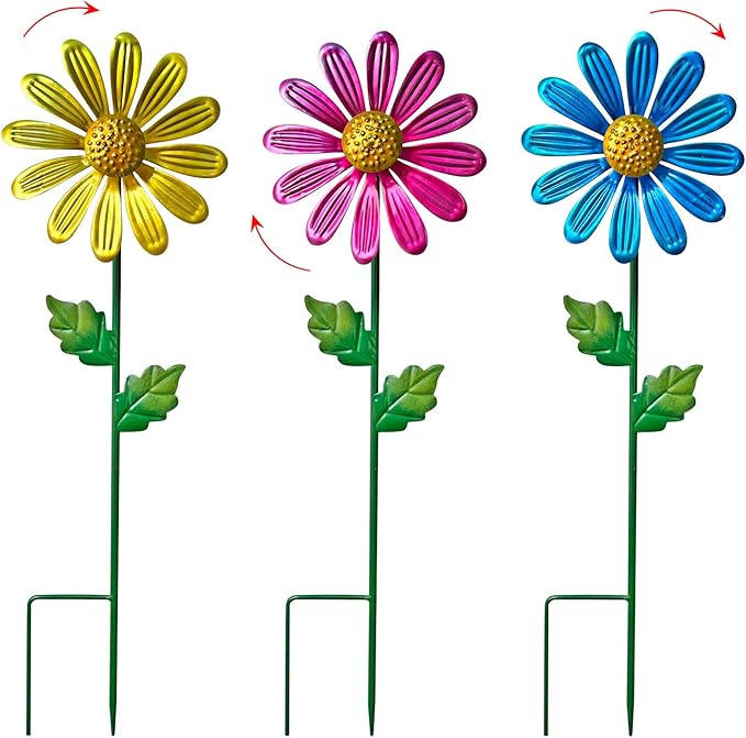WAIU Metal Daisy Garden Stakes, Wind Catcher Spinner Garden Stakes, Garden Windmill Stakes Outdoor Wind Catchers, Yard Decor Stakes, Set of 3…-Ruum Studio Home